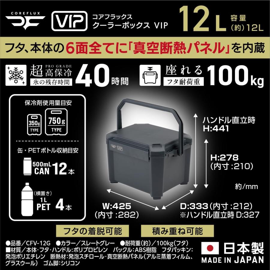 JEJアステージ COREFLUX (コアフラックス)クーラーボックス VIP スレートグレー 12L 真空断熱パネル[幅425×奥行333×高さ278mm]6面全面断熱 座れる 高保冷力